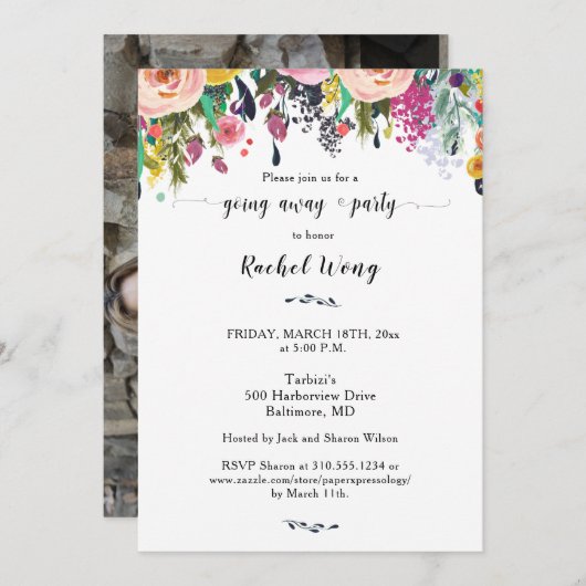 パーソナライズされたフローラの移動遠くにパーティー写真 招待状 (正面/裏面)