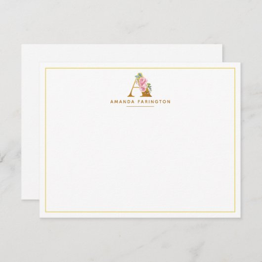 パーソナライズされたフローラフェイク金ゴールドモノグラムイニシャル ノートカード (正面/裏面)