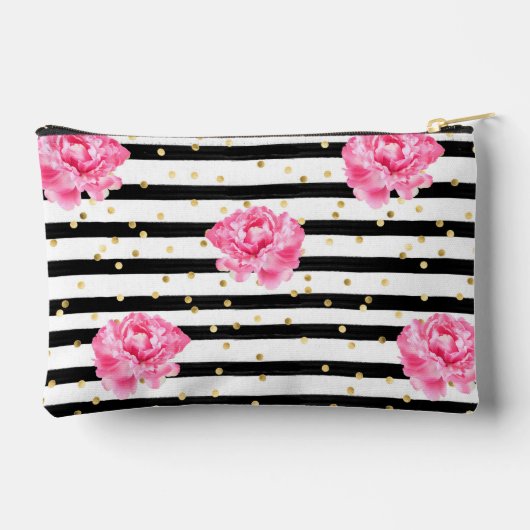 パーソナライズされたフローラブラックストライプ化粧品 アクセサリーポーチ (裏面)