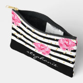 パーソナライズされたフローラブラックストライプ化粧品 アクセサリーポーチ (見開き)