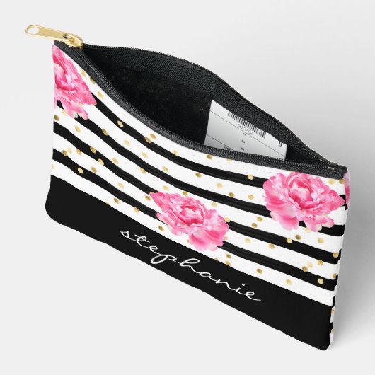 パーソナライズされたフローラブラックストライプ化粧品 アクセサリーポーチ (見開き)