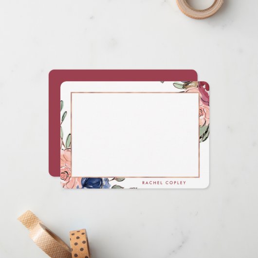 パーソナライズされたフローラブルーエレガントピンク文房具N ノートカード (正面/裏面インサイチュ)