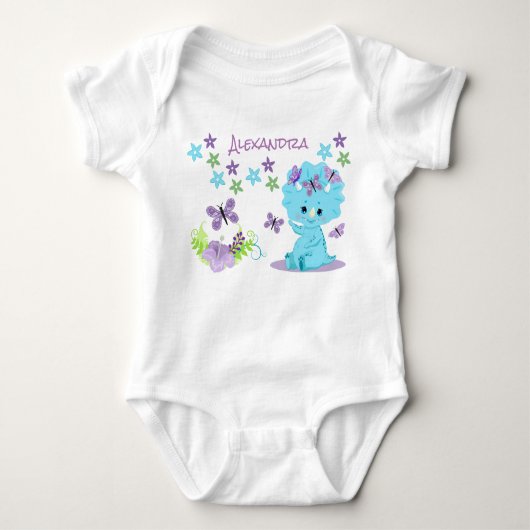 パーソナライズされたフローラブルーベビー恐竜 ベビーボディスーツ (正面)