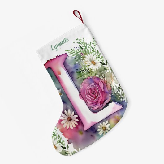 パーソナライズされたフローラモノグラムバラとデイジー スモールクリスマスストッキング (裏面 (吊り時))