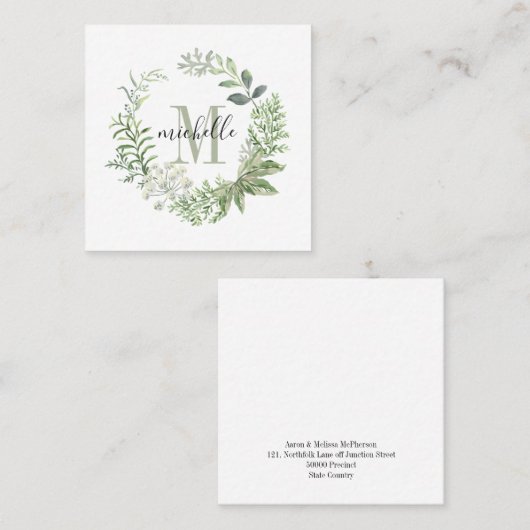 パーソナライズされたフローラモノグラム緑の森葉の スクエア名刺 (正面/裏面)