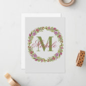 パーソナライズされたフローラリース姓モノグラム ノートカード (正面/裏面インサイチュ)