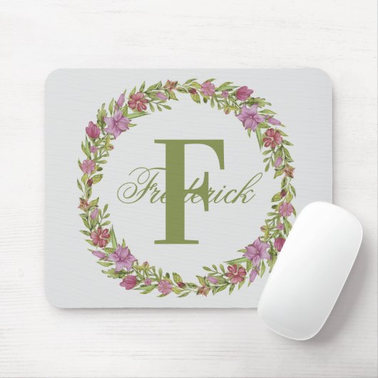 パーソナライズされたフローラリース姓モノグラム マウスパッド (マウス)