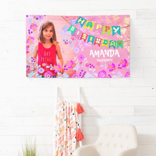 パーソナライズされたフローラ写真ハッピーバースデー 横断幕 (インサイチュ)