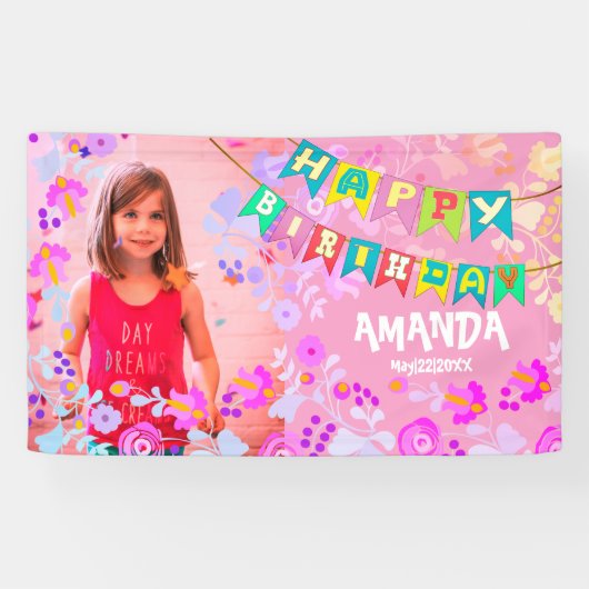 パーソナライズされたフローラ写真ハッピーバースデー 横断幕 (横)
