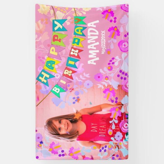 パーソナライズされたフローラ写真ハッピーバースデー 横断幕 (縦)