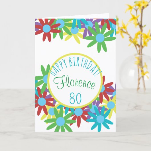 パーソナライズされたフローラ80番目の誕生日カード カード (黄色い花)