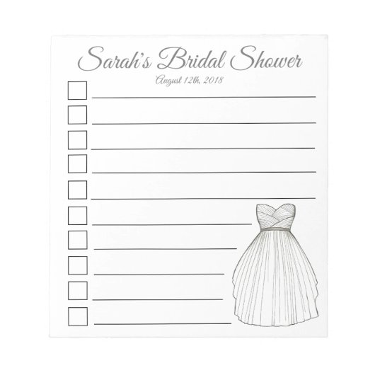 パーソナライズされたブライダルシャワー結婚のガウン一覧 ノートパッド (正面)