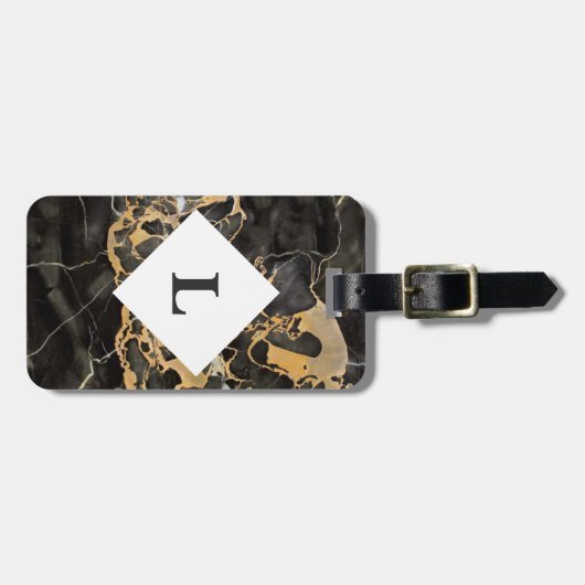 パーソナライズされたブラックとゴールドの大理石のスーツケースタグ ラゲッジタグ (正面横)