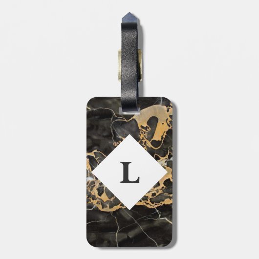 パーソナライズされたブラックとゴールドの大理石のスーツケースタグ ラゲッジタグ (裏面縦)