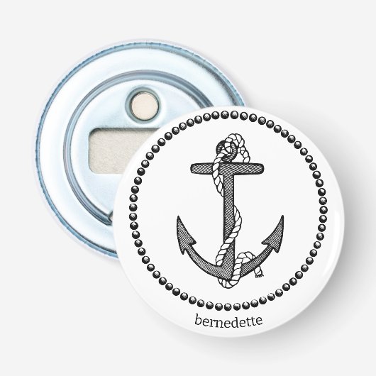 パーソナライズされたブラックオンホワイトシップいかり 栓抜き (正面)