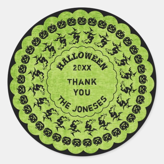 パーソナライズされたブラック/グリーンハロウィーンフォントアートサークル ラウンドシール (正面)