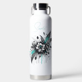 パーソナライズされたブラック&ティール グラフィティスタイルの花 ウォーターボトル (正面)
