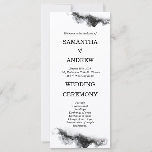 パーソナライズされたブラック&ホワイトの結婚式プログラム (正面)