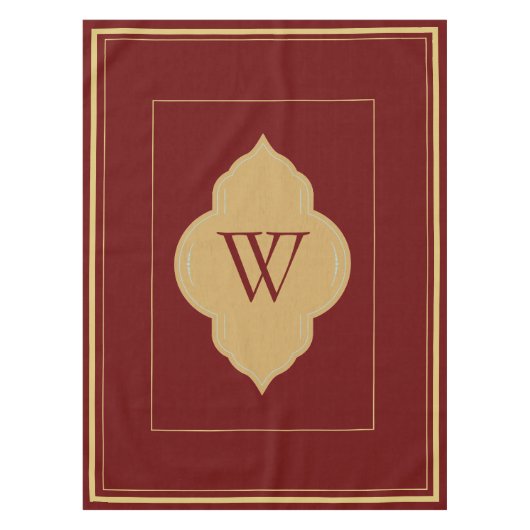 パーソナライズされたブルゴーニュと金ゴールドイニシャル テーブルクロス (正面)