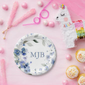 パーソナライズされたブルーのエレガントな花モノグラム ペーパープレート (パーティー)