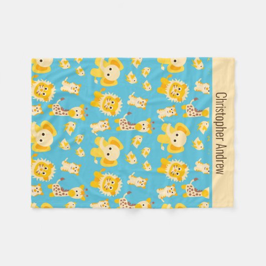 パーソナライズされたブルーイエロージャングルサファリ動物ベビー フリースブランケット (正面(横))