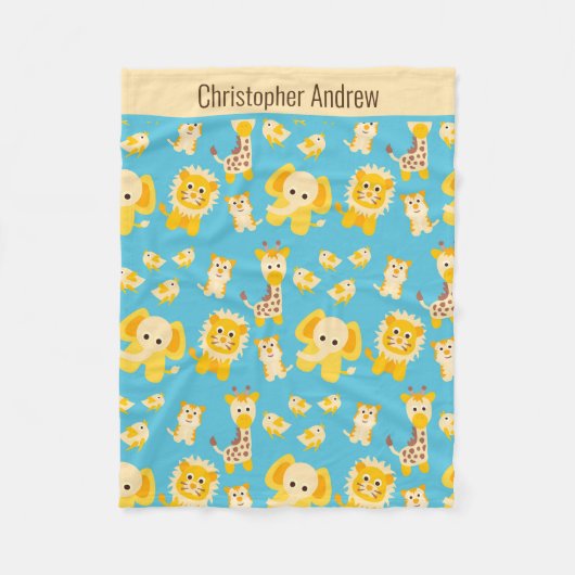 パーソナライズされたブルーイエロージャングルサファリ動物ベビー フリースブランケット (正面)