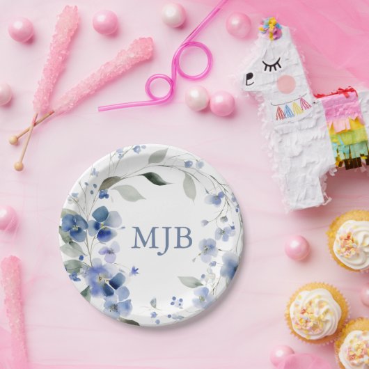 パーソナライズされたブルーエレガントフラワーモノグラム ペーパープレート (パーティー)