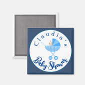 パーソナライズされたブルーキャリッジベビーシャワー マグネット (正面/裏面)