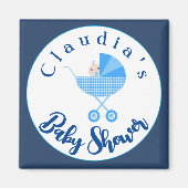 パーソナライズされたブルーキャリッジベビーシャワー マグネット (正面)