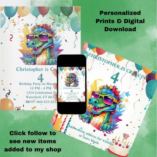 パーソナライズされたプリント&ダウンロードCrocodile誕生日 招待状