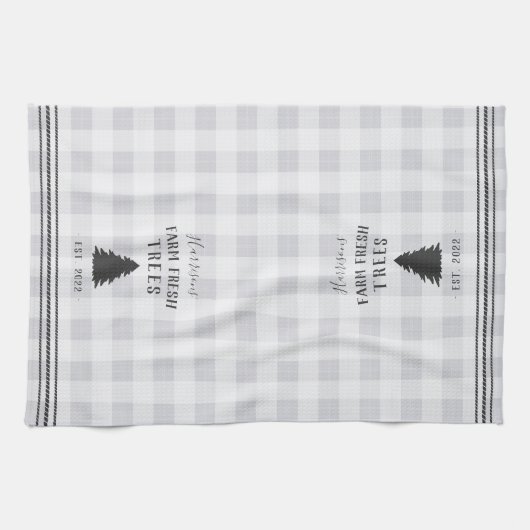 パーソナライズされたプ素朴ライドホリデーファームフレッシュツリーズ キッチンタオル (横)