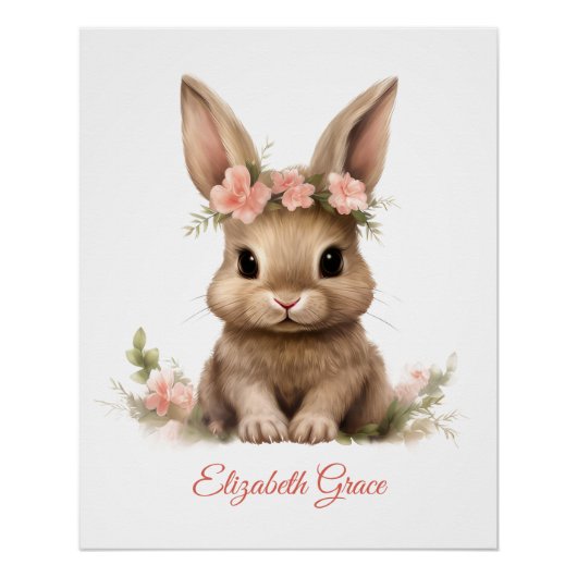 パーソナライズされたベイビーバニー ピンクの花の保育園プリント ポスター (正面)