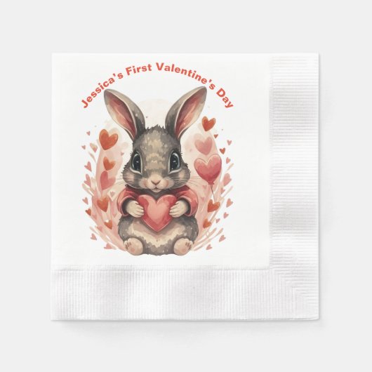 パーソナライズされたベビーお洒落バニーファーストバレンタイン 縁ありカクテルナプキン (正面)