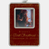 パーソナライズされたベビーの初めてのクリスマスグリッター写真 シルバープレートフレームオーナメント (正面)