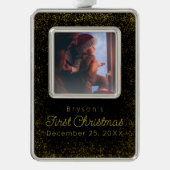 パーソナライズされたベビーの初めてのクリスマスグリッター写真 シルバープレートフレームオーナメント (正面)