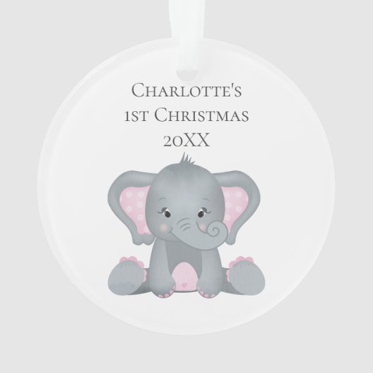 パーソナライズされたベビーエレファントピンクベビー第1クリスマス オーナメント (裏面)