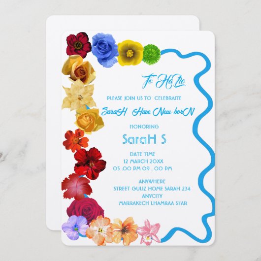 パーソナライズされたベビーギフト新生まれ規全の花手 招待状 (正面/裏面)