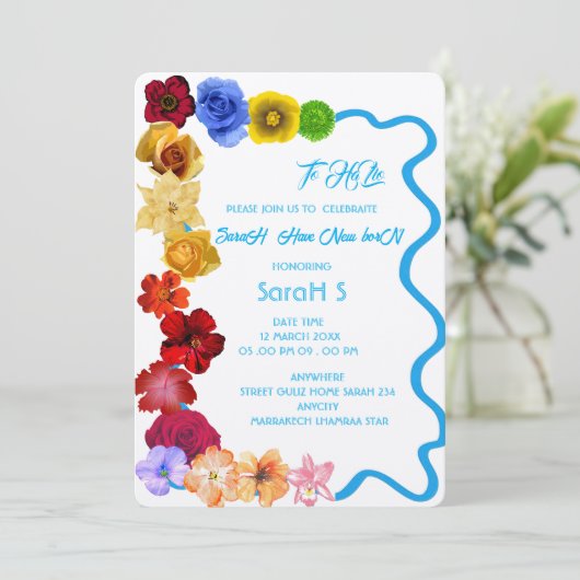 パーソナライズされたベビーギフト新生まれ規全の花手 招待状 (スタンド正面)