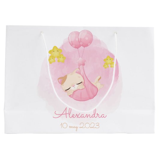 パーソナライズされたベビーピンク猫名前をカスタムするとデート ラージペーパーバッグ (裏面)