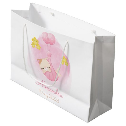 パーソナライズされたベビーピンク猫名前をカスタムするとデート ラージペーパーバッグ (正面アングル)