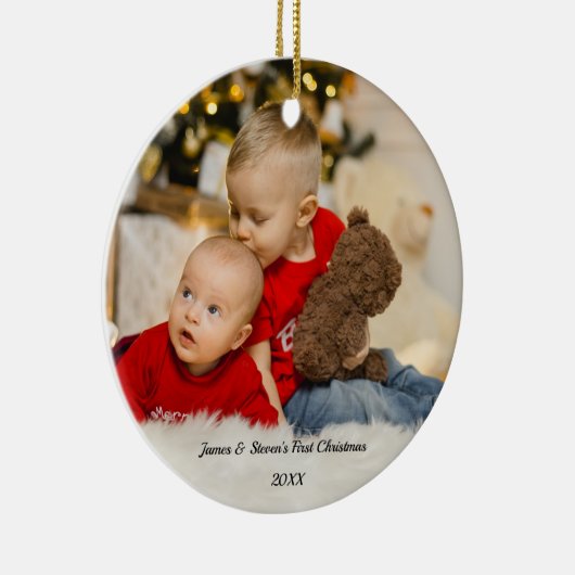|パーソナライズされたベビーフォトツイン初めてのクリスマス セラミックオーナメント (右)