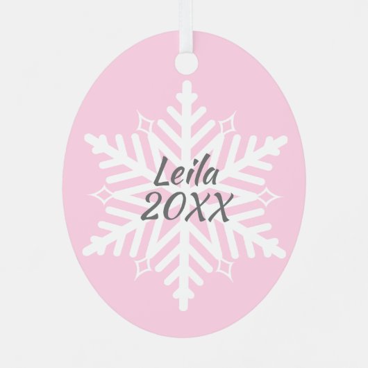 パーソナライズされたベビーフォトピンクのスノーフレーク メタルオーナメント (裏面)