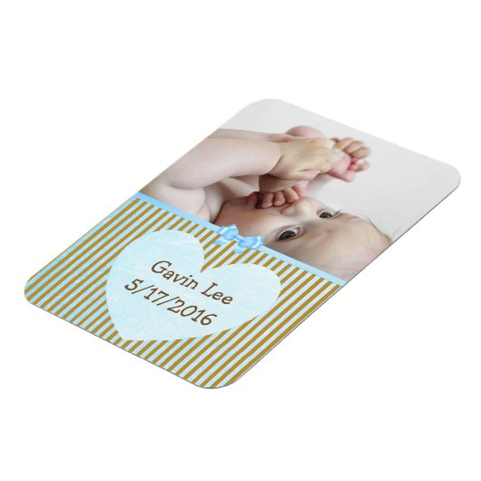 パーソナライズされたベビーフォトマグネットブラウン&ブルーストライプマグネット マグネット (左側)