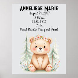 パーソナライズされたベビーベア誕生統計ガールズ子供部屋 ポスター