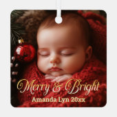 パーソナライズされたベビー写真メリーと明るい メタルオーナメント (裏面)
