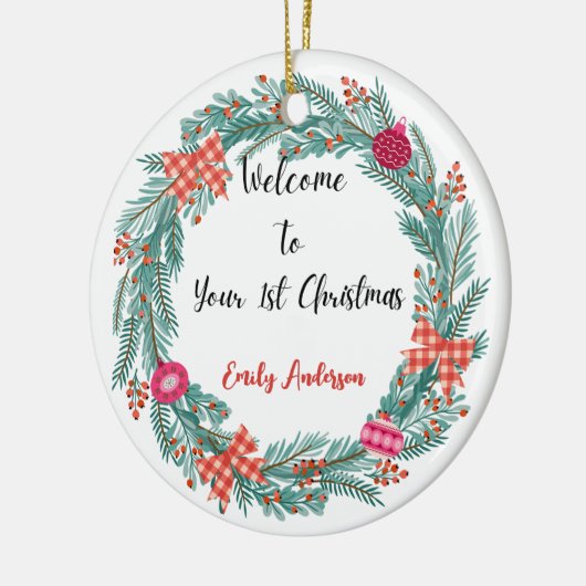 パーソナライズされたベビー初めてのクリスマスオーナメント セラミックオーナメント (左)