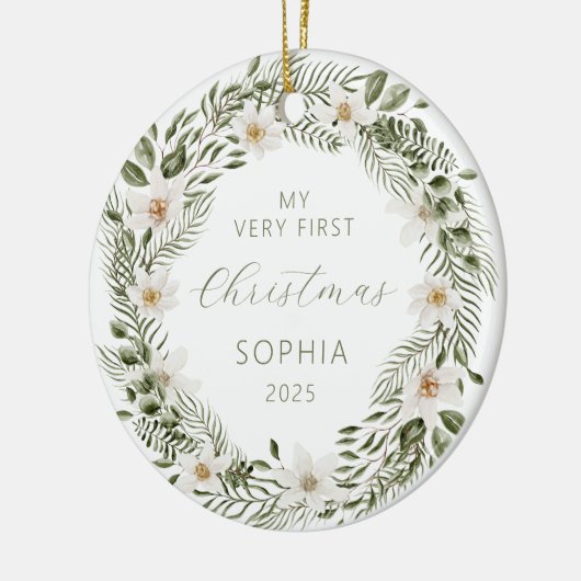 パーソナライズされたベビー初めてのクリスマスフォレストリース セラミックオーナメント (左)