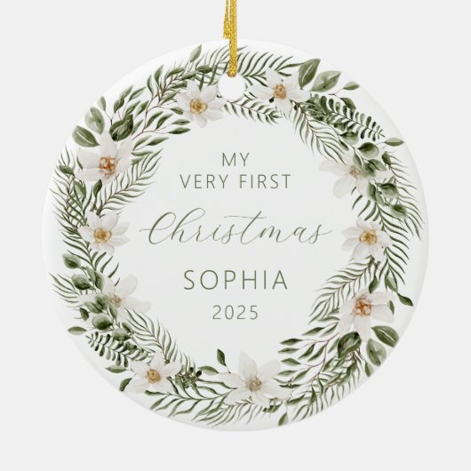 パーソナライズされたベビー初めてのクリスマスフォレストリース セラミックオーナメント (裏面)
