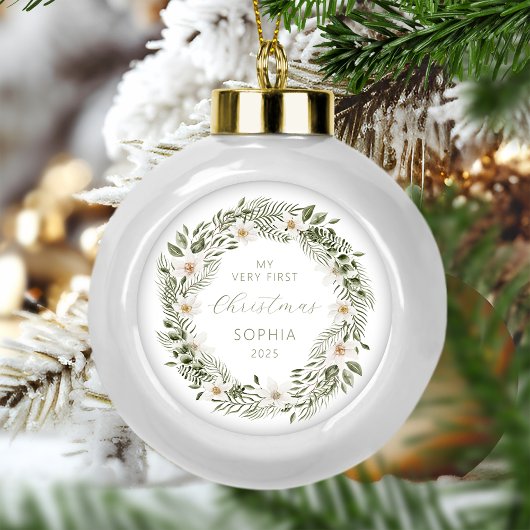 パーソナライズされたベビー初めてのクリスマスフォレストリース セラミックボールオーナメント