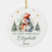 パーソナライズされたベビー初めてのクリスマス雪だるま セラミックオーナメント (正面)
